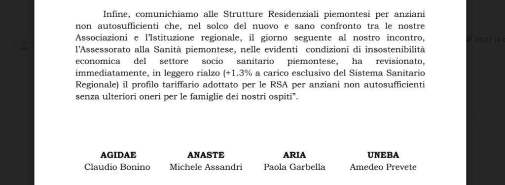 Piemonte – La Regione aumenta dell’1,3% le tariffe pagate alle Rsa