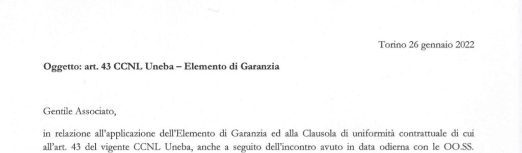 Uneba Piemonte – Comunicazione agli associati su “Elemento di garanzia”, art.43 del Contratto Uneba